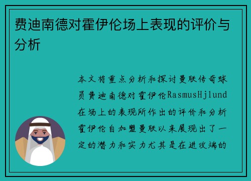 费迪南德对霍伊伦场上表现的评价与分析